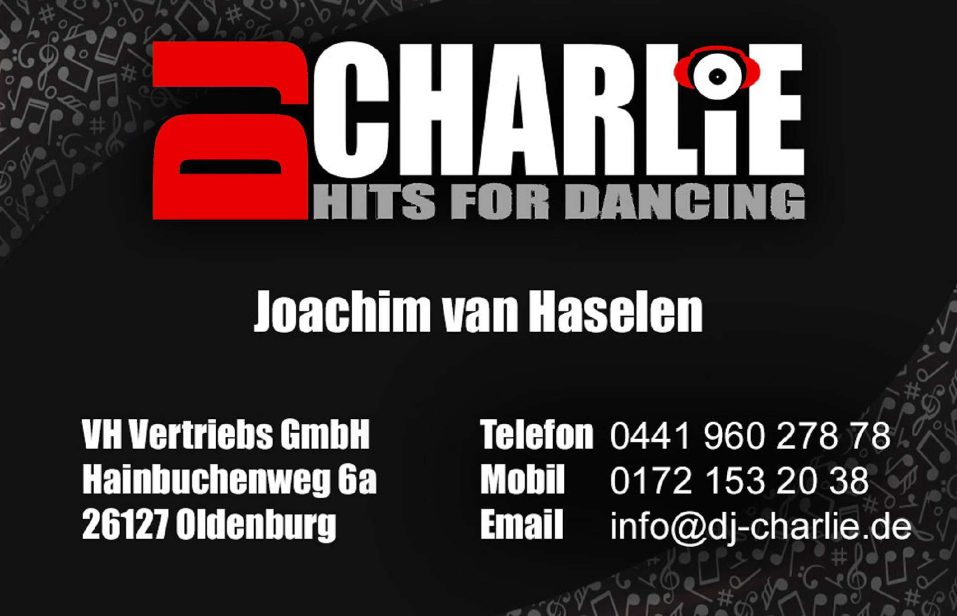 Visitenkarte von DJ Charlie Rückseite
